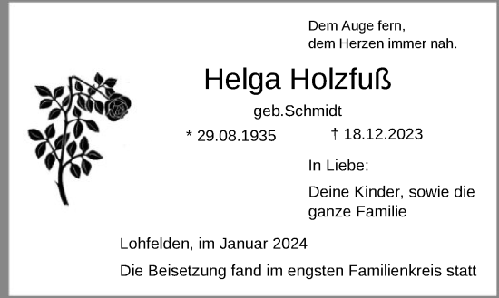 Todesanzeige von Helga Holzfuß von HNA