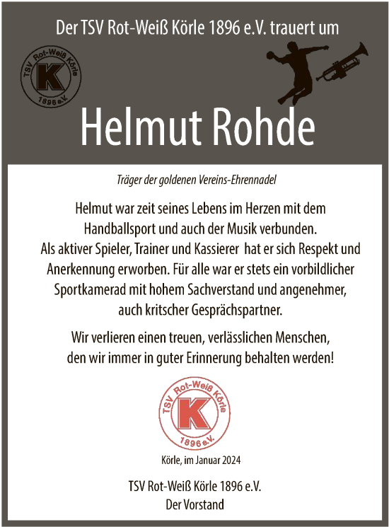 Todesanzeige von Helmut Rohde von HNA