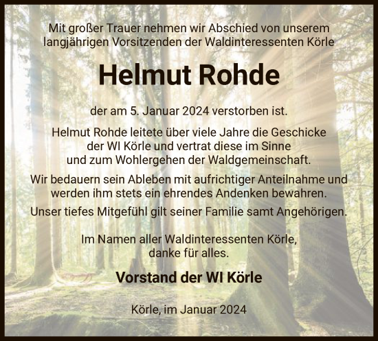 Todesanzeige von Helmut Rohde von HNA