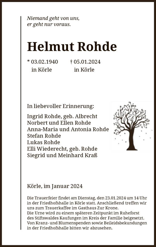 Todesanzeige von Helmut Rohde von HNA