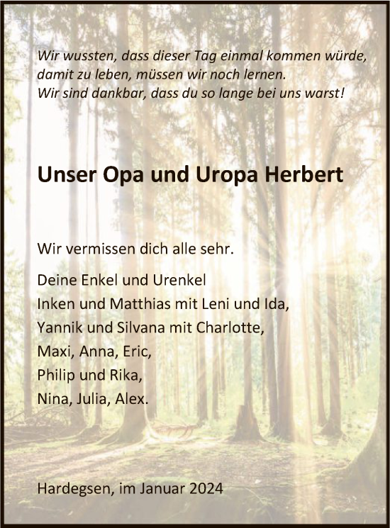 Todesanzeige von Herbert  von HNA