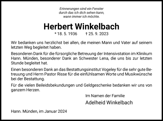 Todesanzeige von Herbert Winkelbach von HNA