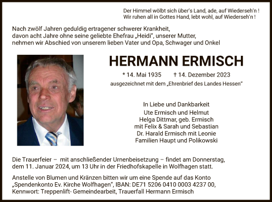 Todesanzeige von Hermann Ermisch von HNA