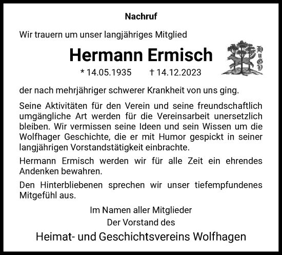 Todesanzeige von Hermann Ermisch von HNA