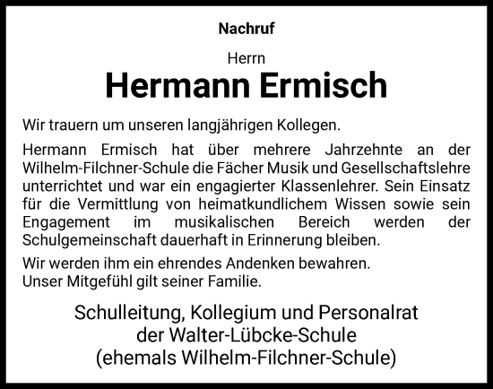 Todesanzeige von Hermann Ermisch von HNA