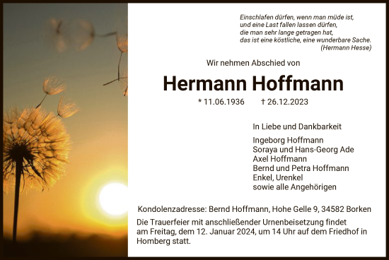 Todesanzeige von Hermann Hoffmann von HNA