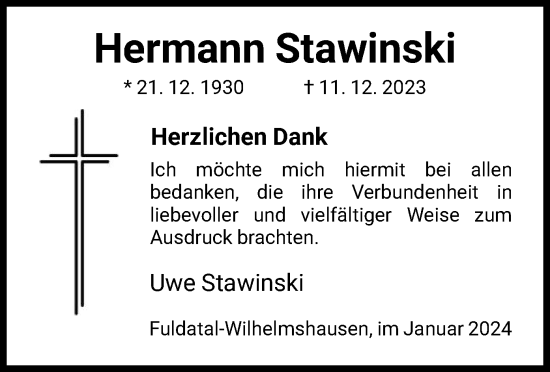 Todesanzeige von Hermann Stawinski von HNA