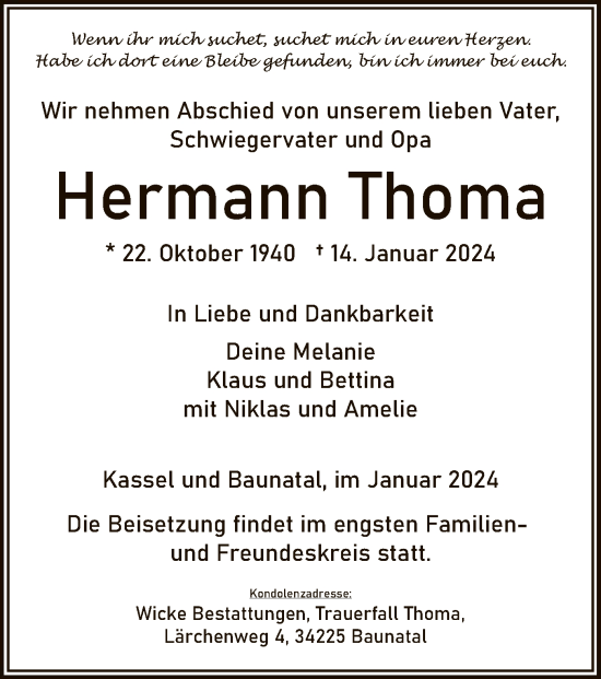 Todesanzeige von Hermann Thoma von HNA