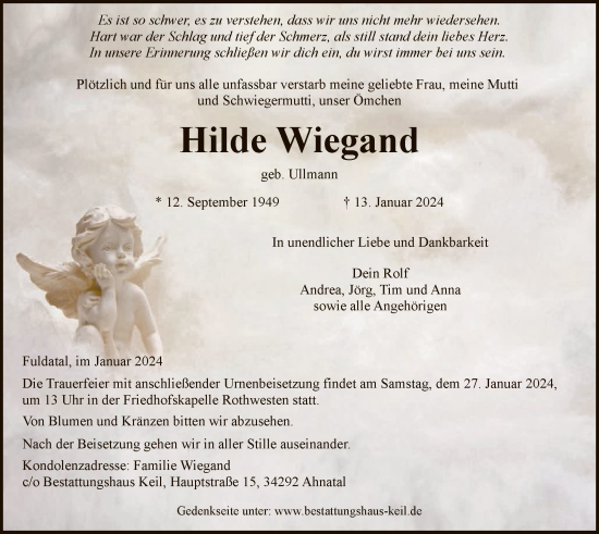 Todesanzeige von Hilde Wiegand von HNA