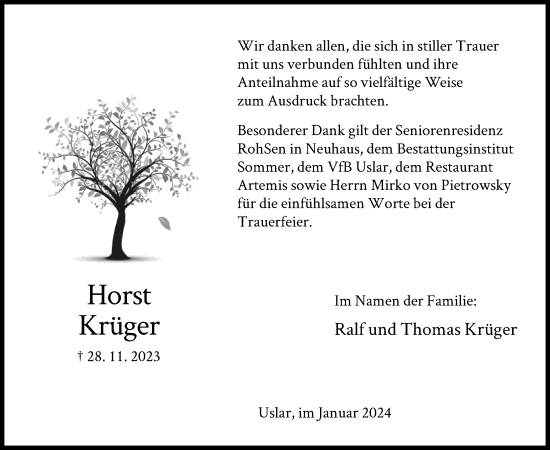Todesanzeige von Horst Krüger von HNA