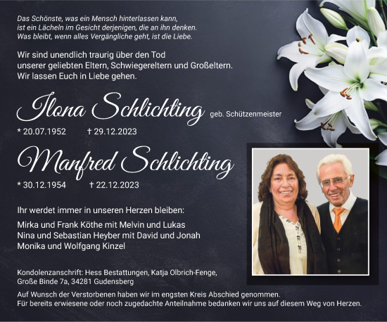 Todesanzeige von Ilona und Manfred Schlichting von HNA