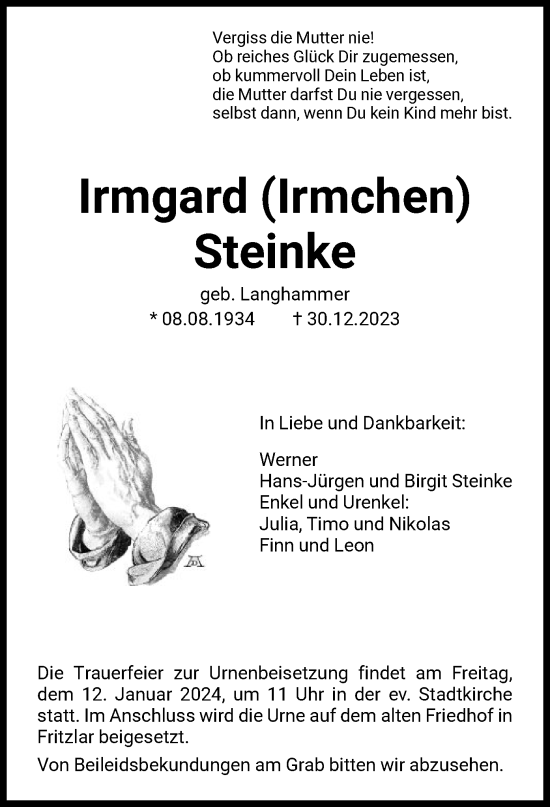 Todesanzeige von Irmgard Steinke von HNA