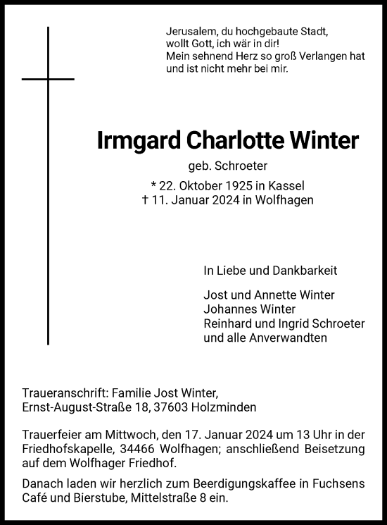 Todesanzeige von Irmgard Charlotte Winter von HNA