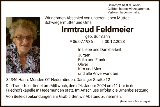 Todesanzeige von Irmtraud Feldmeier von HNA