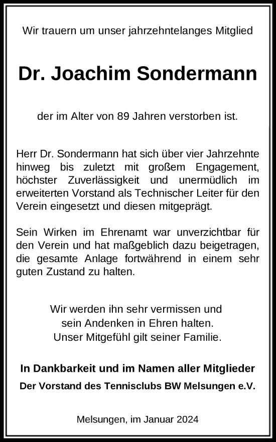 Todesanzeige von Joachim Sondermann von HNA