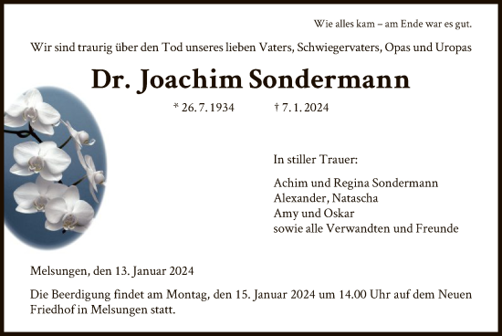 Todesanzeige von Joachim Sondermann von HNA