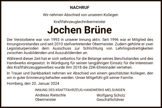 Todesanzeige von Jochen Brüne von HNA