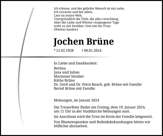 Todesanzeige von Jochen Brüne von HNA