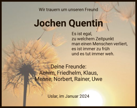 Todesanzeige von Jochen Quentin von HNAHNA