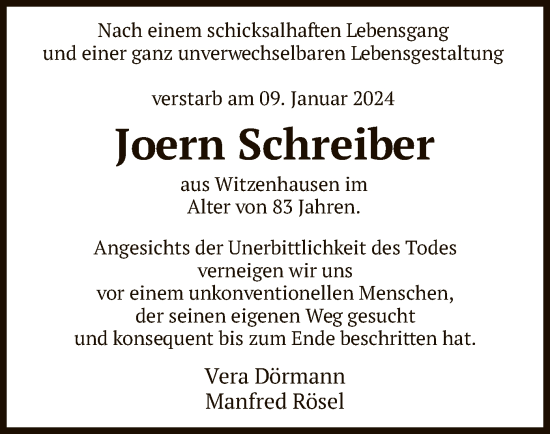 Todesanzeige von Joern Schreiber von HNA