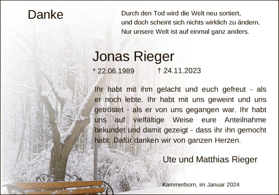 Todesanzeige von Jonas Rieger von HNA