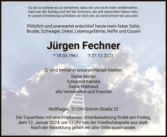 Todesanzeige von Jürgen Fechner von HNA