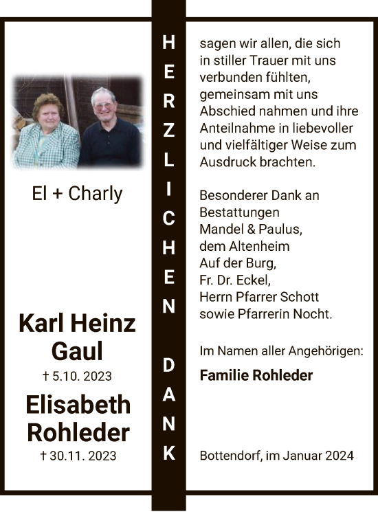 Todesanzeige von Karl Heinz und Elisabeth Gaul von HNA
