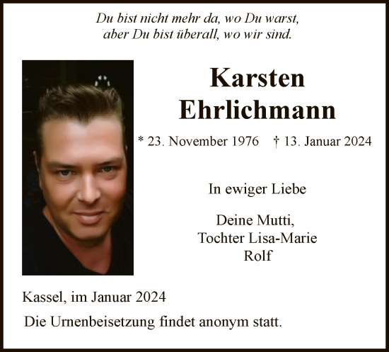 Todesanzeige von Karsten Ehrlichmann von HNA
