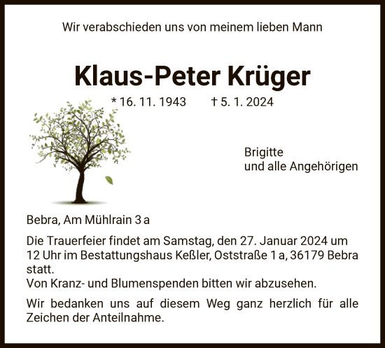 Todesanzeige von Klaus-Peter Krüger von HNAHNA