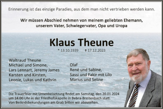 Todesanzeige von Klaus Theune von HNAHNA