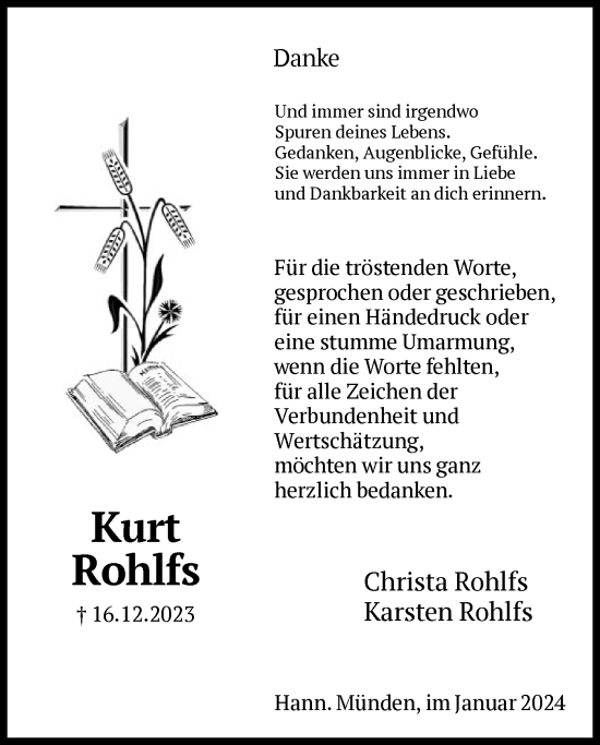 Todesanzeige von Kurt Rohlfs von HNA