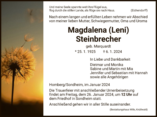Todesanzeige von Magdalena Steinbrecher von HNA