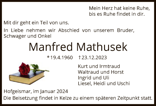Todesanzeige von Manfred Mathusek von HNA