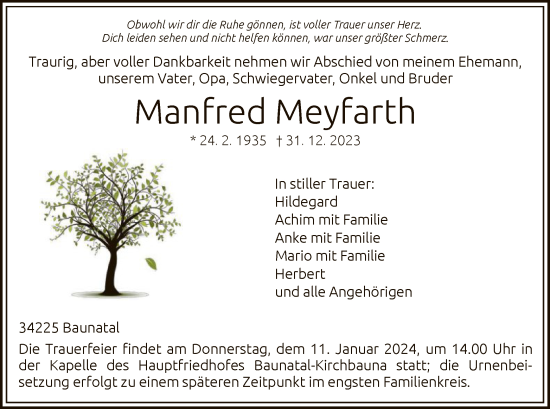Todesanzeige von Manfred Meyfarth von HNA