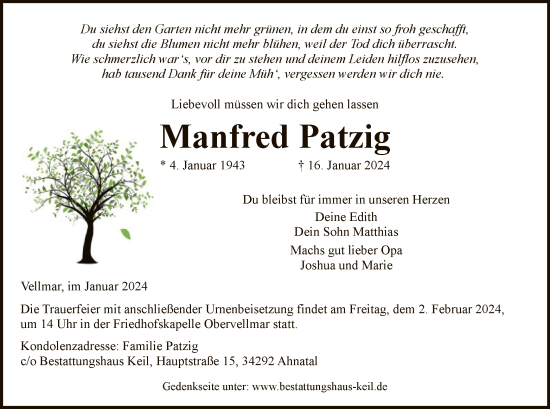 Todesanzeige von Manfred Patzig von HNA