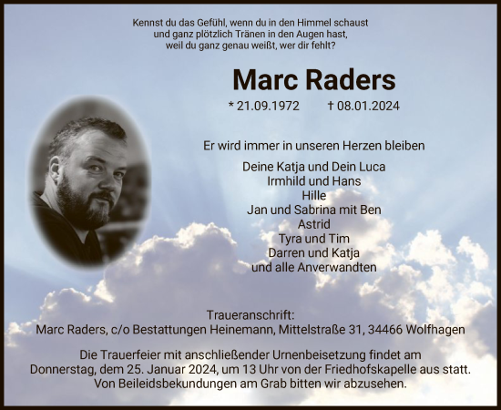 Todesanzeige von Marc Raders von HNA