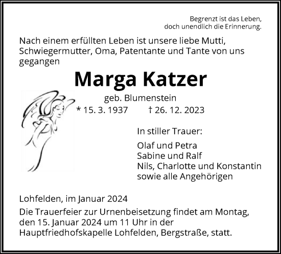 Todesanzeige von Marga Katzer von HNA