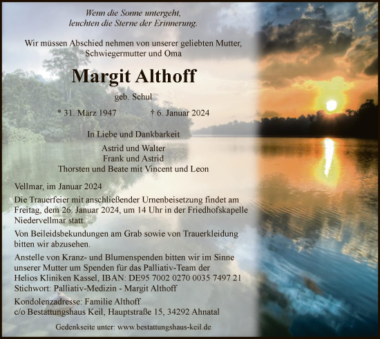 Todesanzeige von Margit Althoff von HNA