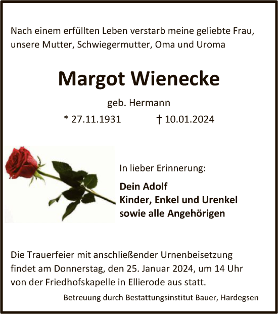 Todesanzeige von Margot Wienecke von HNA