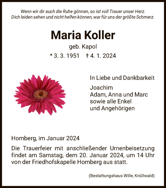 Todesanzeige von Maria Koller von HNA