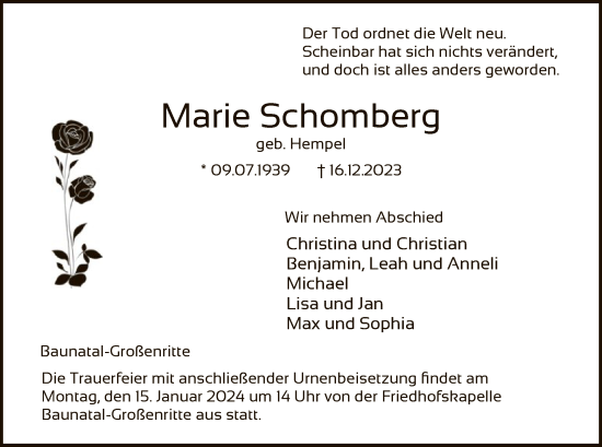 Todesanzeige von Marie Schomberg von HNA