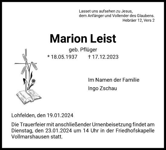 Todesanzeige von Marion Leist von HNA