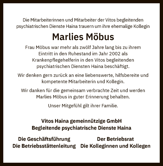 Todesanzeige von Marlies Möbus von HNA