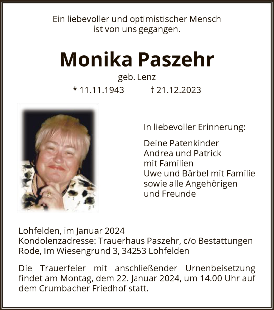 Todesanzeige von Monika Paszehr von HNA