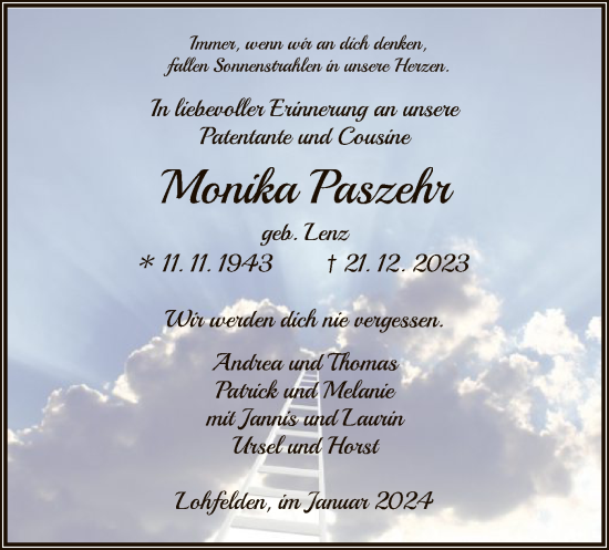 Todesanzeige von Monika Paszehr von HNA