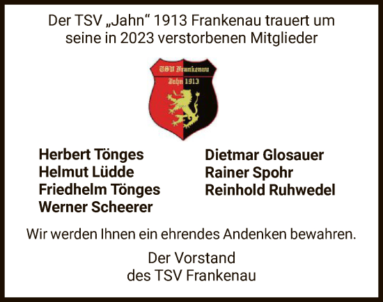Todesanzeige von Nachruf TSV „Jahn“ 1913 Frankenau von HNA