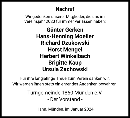 Todesanzeige von Nachruf Turngemeinde 1860 Münden e.V. von HNA