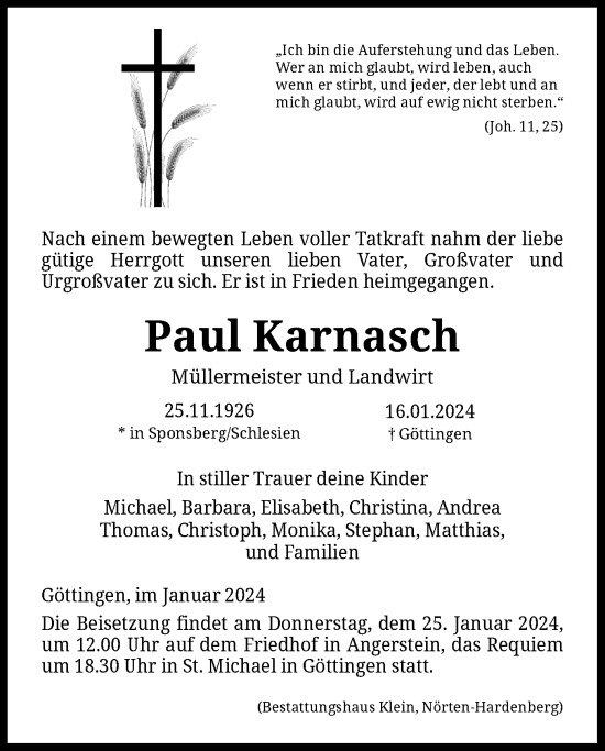 Todesanzeige von Paul Karnasch von HNA