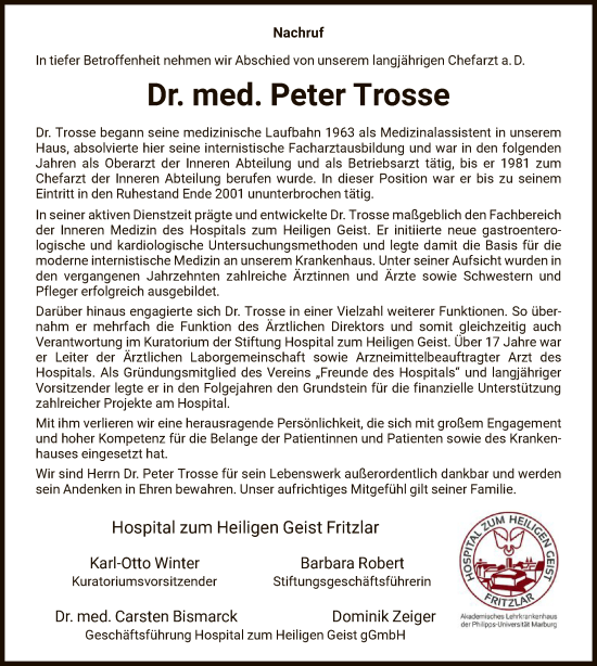 Todesanzeige von Peter Trosse von HNA