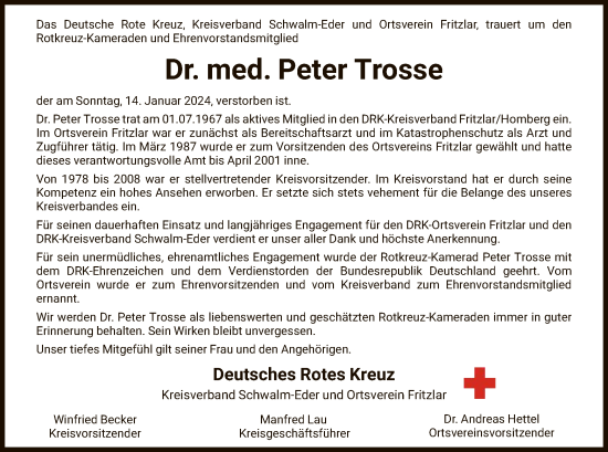 Todesanzeige von Peter Trosse von HNAHNAHNA